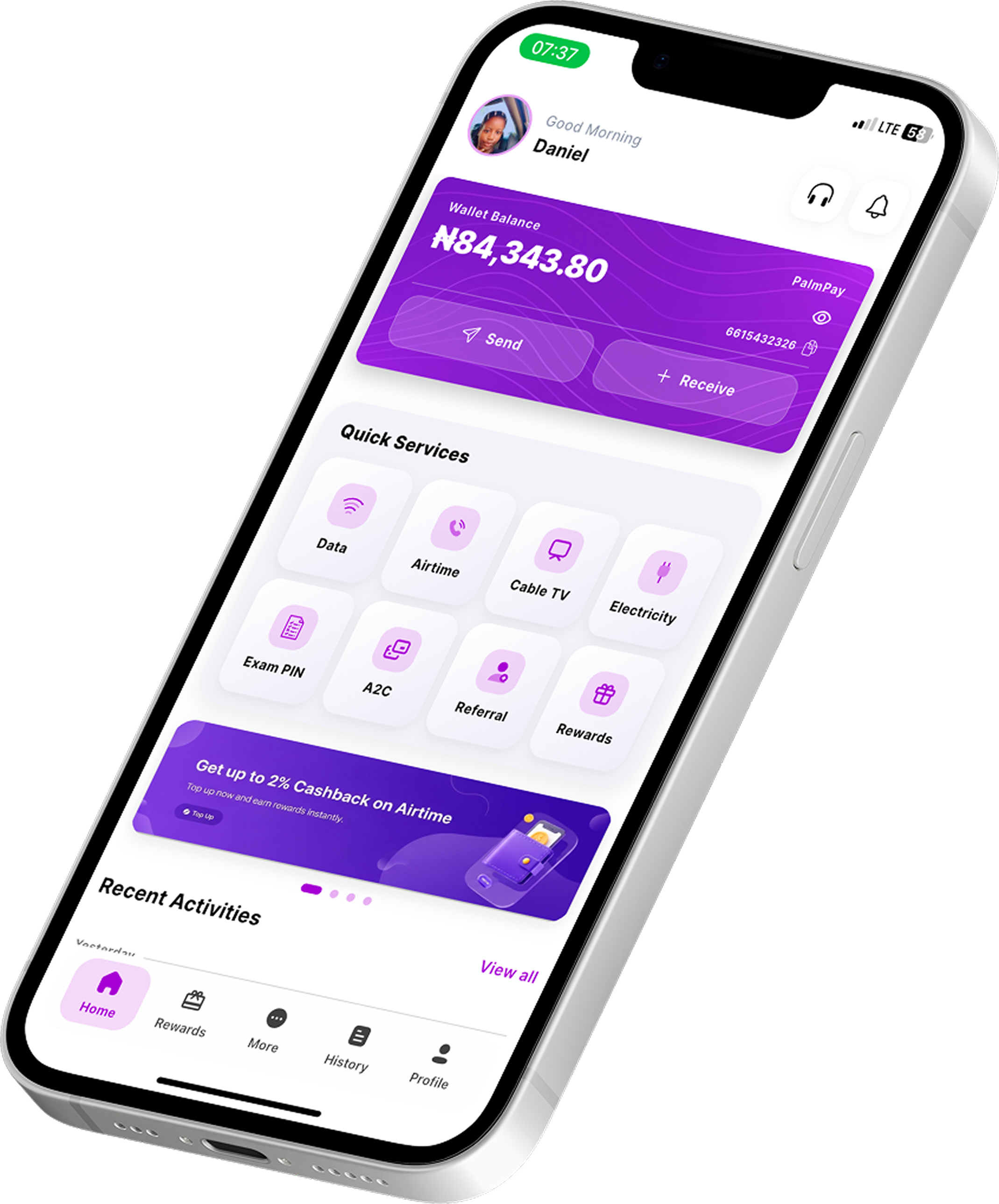 G3Data home screen showing wallet balance and quick services