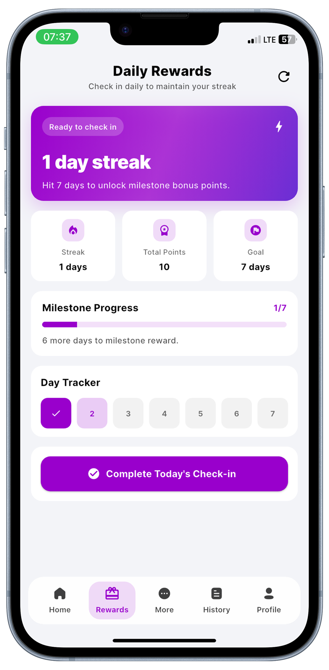 G3Data rewards screen showing streak and milestone progress